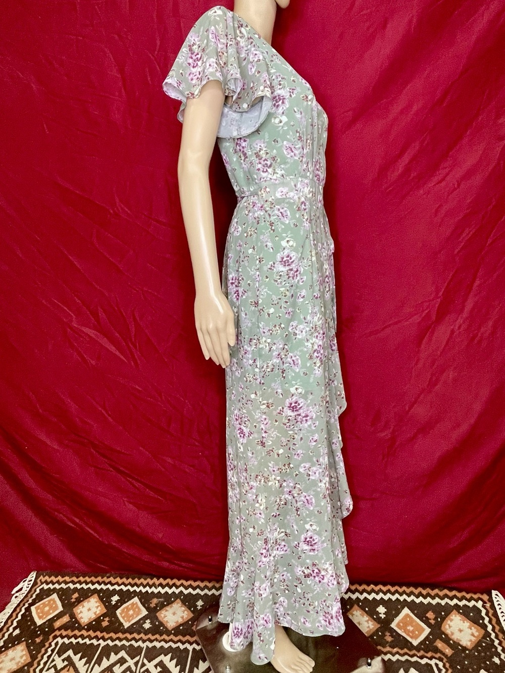Blu Ivy Floral Sage True Wrap Chiffon Maxi Dress Women’s Size Small NWOT - Picture 3 of 6